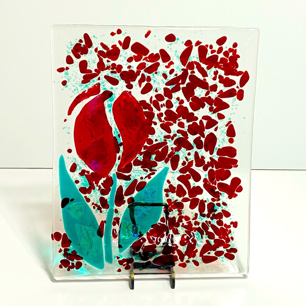 Fused Art Glass Plate Aqua And Red Tulip Design 9.75” X 7.75”